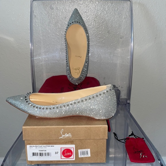 Christian Louboutin new 37,ANJALINA FLAT GLITTER MINI SV71 SILVER,serial#1200727 - Picture 12 of 14